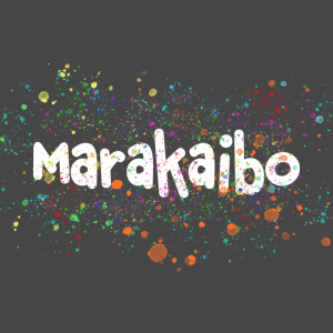με λευκούς παιχνιδιάρικους χαρακτήρες η λέξη marakaibo σε μαύρο φόντο με διάσπαρτες χρωματιστές πιτσιλιές