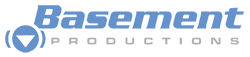 λογότυπο της Basement productions με μπλε και γκρι γράμματα