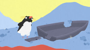 Στιγμιότυπο της ταινίας κινουμένων σχεδίων "Το πιγκουινάκι που δεν μπορούσε να κολυμπήσει". Ένα μικρό πιγκουινάκι με μακριές κίτρινες βλεφαρίδες και ένα πτερύγιο πιο κοντό από το άλλο κοιτάζει ανήσυχο προς την κόκκινη θάλασσα που απλώνεται μπροστά του. Δίπλα του, στην μπλε ακτή, υπάρχει μια ξύλινη σπασμένη βάρκα και μια μικρή σανίδα από αυτήν μπροστά στα πόδια του.