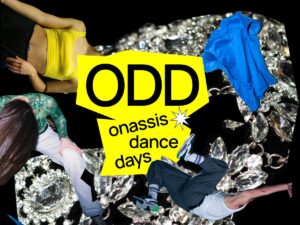 Αφίσα του Onassis dance days (ODD). Κοντινές φωτογραφίες κοσμημάτων με διαμάντια αναμειγνύονται με σώματα χορευτών εν κινήσει. Στο κέντρο σε κίτρινο φόντο πλαίσιο με πολλές γωνίες αναγράφεται με μαύρα γράμματα "ODD Onassis dance days".