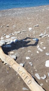 Σε μια παραλία με άμμο και πέτρες πάνω σε έναν ξεβρασμένο λεπτό ξύλινο κορμό έχουν χαραχτεί οι λέξεις Body Word. Η σκια μιας ανθρώπινης μορφής με τεντωμένα χέρια ψηλά διαγράφεται στην άμμο από πάνω του.