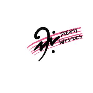 logo of dreamy whispers. Fuchsia lines form a pentagram on the diagonal. In black thin letters is written dreamy whispers. The D and W at the beginning of the words are written in calligraphy and refer to the F clef and the musical symbol of the quarter rest respectively.