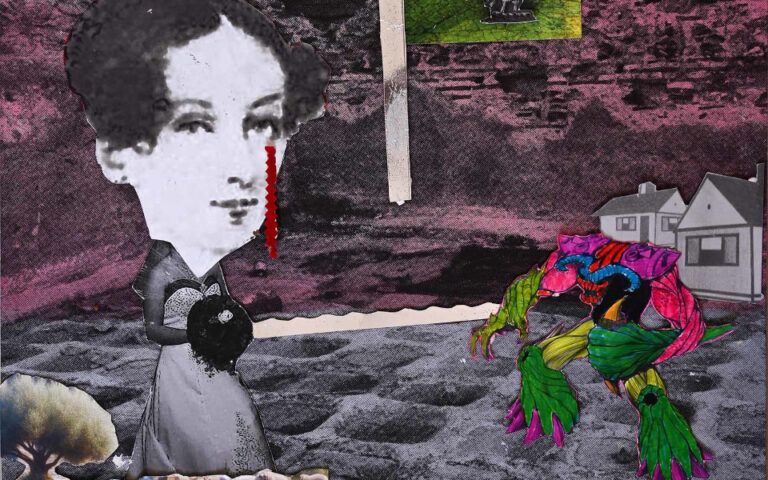 Collage work from the exhibition Women's Matters. In a desert blurry landscape, Mary Shelley's face on the left with a long red tear is glued to a small bride's body. On the right, a comic book-like monstrous figure with pouting horns stares at her menacingly.