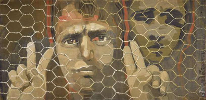 Painting by Eva Mela entitled "Promise". Behind barbed wire, a young man raises his palms to the height of his face. He holds the index and middle fingers of each hand outstretched, and the remaining fingers gathered. On his right hand, the index and middle fingers are pulled apart, forming the victory sign. On the left, the fingers stay together up high. On the right, a woman's head projects. 