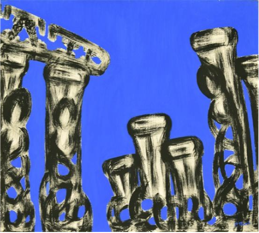 Painting by Rika Pana from the unit "Erosion of culture". The work is flooded by an intense blue colour. From one edge to the other, rows of ancient columns, some short and some taller in height, paint the canvas in ochre and black rough brushstrokes. Their perforated bases try to support the weight of columns which are leaning in various directions.