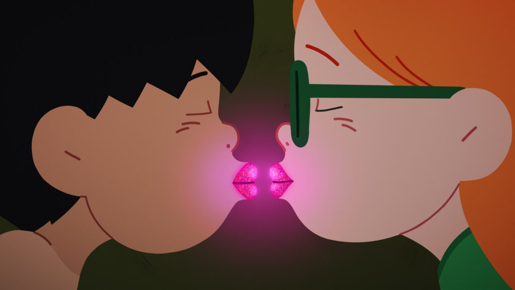 Στιγμιότυπο της ταινίας animation "Μπλιαξ!". Ένα μελαχρινό αγόρι γύρω στα 10 και ένα κορίτσι με πράσινα γυαλιά και πορτοκαλί μαλλιά περίπου στην ίδια ηλικία ετοιμάζονται με μάτια κλειστά να φιληθούν. Τα χείλη τους καθώς πάνε να ενωθούν φωσφορίζουν παίρνοντας μια λαμπερή φούξια απόχρωση.