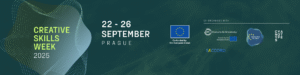 Banner του Creative Skills Week 2025 σε βαθυπράσινη απόχρωση. Αριστερά το logo του προγράμματος, έπειτα οι ημερομηνίες 22-26 Σεπτεμβρίου στην Πράγα και δεξιά τα logo της ΕΕ και των διοργανωτών.