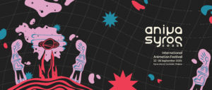 Γραφιστική αφίσα του ΑΝΙΜΑΣΥΡΟΣ 2025. Σε ένα διαστημικό τοπίο, πλάσματα με προστατευτικά κράνη με ενσωματωμένους φακούς στο πάνω μέρος κινούνται στην κόκκινη ανισόπεδη επιφάνεια ενός πλανήτη. Γύρω, πλανήτες, άστρα και λιλά σύννεφα που θυμίζουν αστερόσκονη αιωρούνται διάσπαρτα στο σκοτεινό σύμπαν. Στα δεξιά με λευκά γράμματα εμφανίζεται το logo του ΑΝΙΜΑΣΥΡΟΣ 2025 και οι πληροφορίες: "International Animation Festival, 22-28 September 2025, Syros Island, Cyclades, Greece".