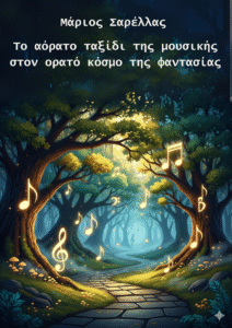Σκίτσο ενός πέτρινου φιδογυριστού  μονοπατιού μέσα στο δάσος τη νύχτα. Το μόνο φως έρχεται από χρυσές νότες και σύμβολα μουσικής που λαμπυρίζουν στο σκοτάδι. Στο πάνω μέρος, με λευκά γράμματα αναγράφεται "Μάριος Σαρέλλας, Το αόρατο ταξίδι της μουσικής στον αόρατο κόσμο της φαντασίας".