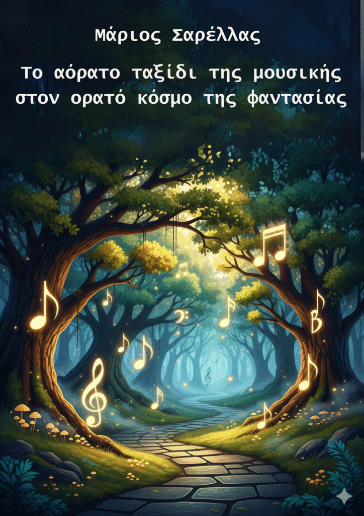 Σκίτσο ενός πέτρινου φιδογυριστού μονοπατιού μέσα στο δάσος τη νύχτα. Το μόνο φως έρχεται από χρυσές νότες και σύμβολα μουσικής που λαμπυρίζουν στο σκοτάδι. Στο πάνω μέρος, με λευκά γράμματα αναγράφεται "Μάριος Σαρέλλας, Το αόρατο ταξίδι της μουσικής στον αόρατο κόσμο της φαντασίας".