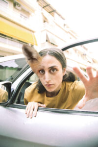 Μια νεαρή κοπέλα καθισμένη μέσα σε ένα αυτοκίνητο γυρνά προς το ανοιχτό παράθυρο και με το χέρι της φαίνεται να θέλει να αρπάξει την κάμερα που τη φωτογραφίζει. Το αυστηρό της πρόσωπο από την αριστερή πλευρά αρχίζει να αποκτά χαρακτηριστικά ζώου: ένα τριχωτό αυτί ξεπηδά πάνω από τα μαλλιά της, γούνα ζώου τυλίγει το ένα της μάτι και πιο κάτω σειρές μουστάκια προβάλλουν δίπλα στα χείλη της.