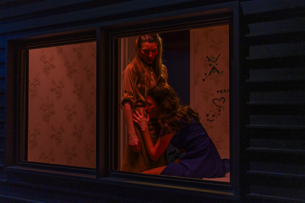 Από το παράθυρο ενός ξύλινου σπιτιού μας αποκαλύπτεται το εσωτερικό ενός μικρού υπνοδωματίου με φλοράλ ταπετσαρία στους τοίχους. Πάνω στο κρεβάτι, κάθεται μια γυναίκα με μπλε φόρεμα που έχει γείρει το πρόσωπό της με απελπισμένη έκφραση στην ποδιά μιας άλλης νεαρής γυναίκας με μπεζ πουκάμισο και φούστα που στέκεται όρθια μπροστά της και την κοιτάζει ψυχρά.