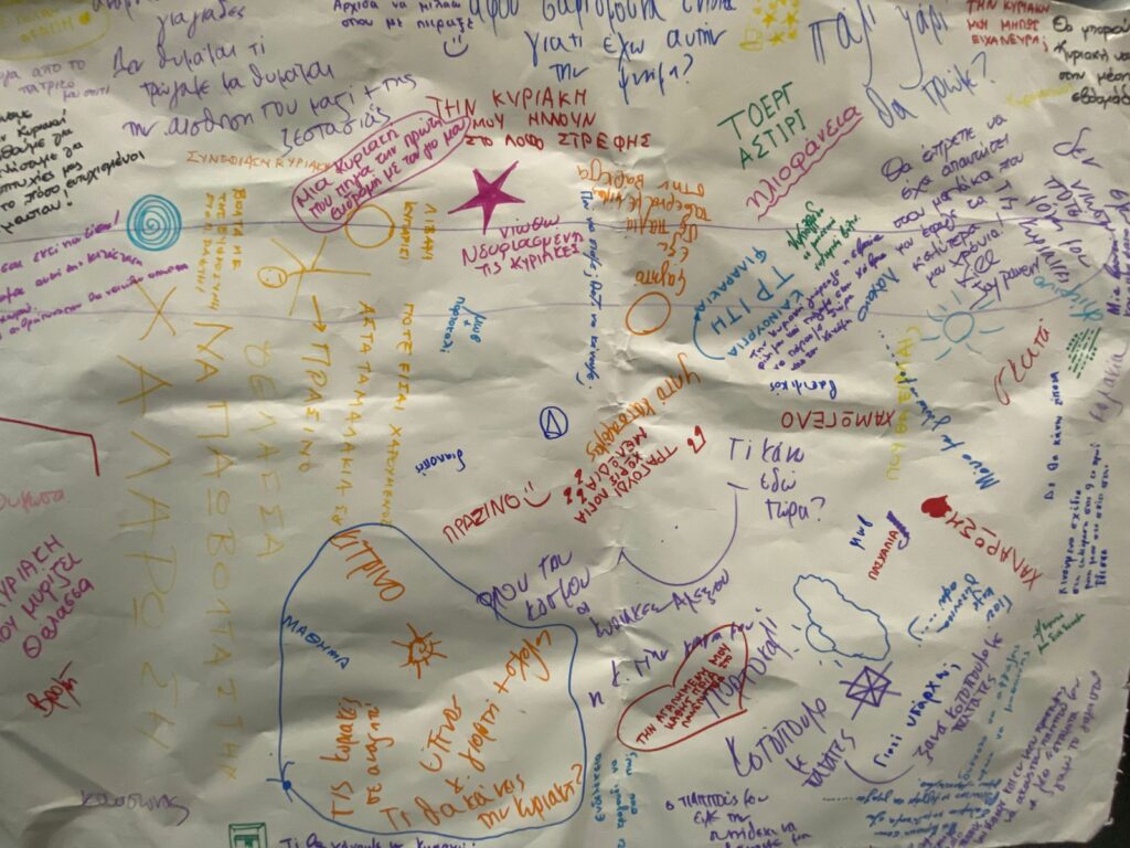 Ένα κομμάτι χαρτί με φράσεις και ζωγραφιές, άναρχα σκορπισμένες, γραμμένες με πολύχρωμους μαρκαδόρους. Ξεχωριζουν ένα σχέδιο αστεριού σε ροζ χρώμα, ερώτησεις όπως "τι κάνω εδω πέρα;" και "πάλι ψάρι θα τρώμε;" και οι φράσεις "κοτόπουλο με πατάτες" και "την Κυριακή που ήμουν στον λόφο Στρέφη".